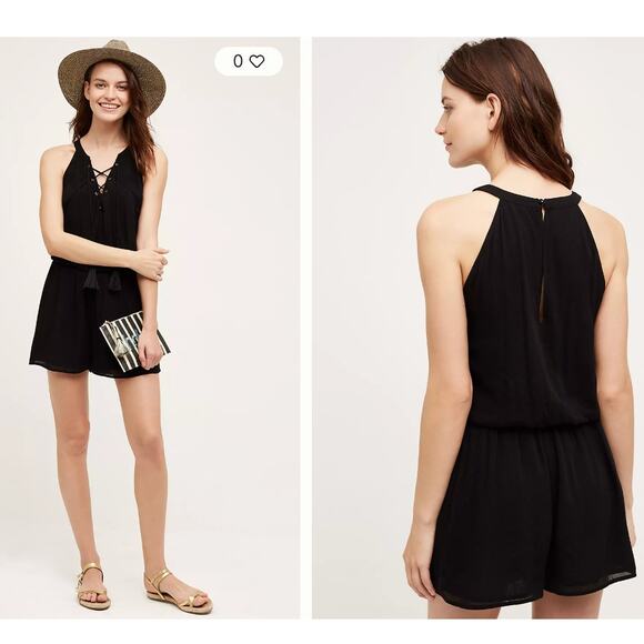 ANTHRO CHLOE OLIVER Amoret Lace Up Crochet Trim Sleeveless Shorts Romper Black S - Picture 2 of 6